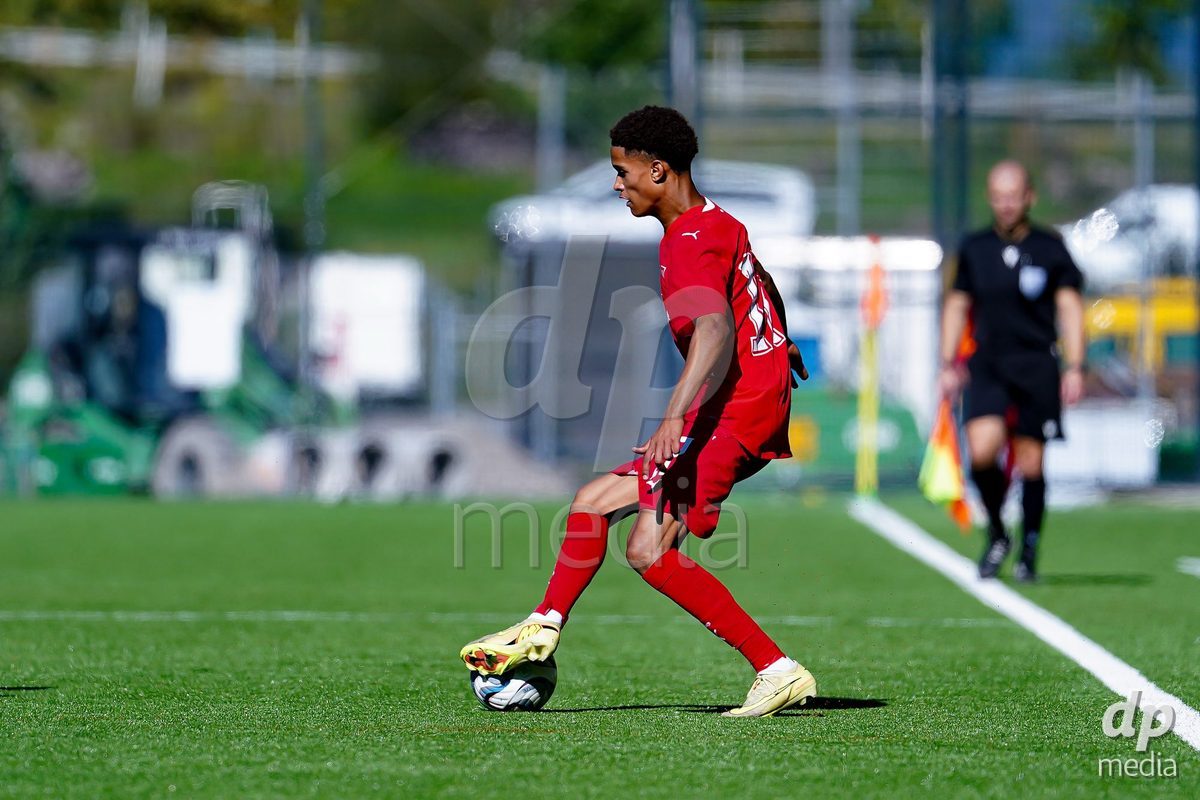 SCHAAN, LIECHTENSTEIN - OCTOBER 12: Kyle Kurt of Switzerland controls the ball during the UEFA European Under-17 Qualifier match between Israel and Switzerland at LFV Campus Rheinwiese on October 12, 2026 in Schaan, Liechtenstein.