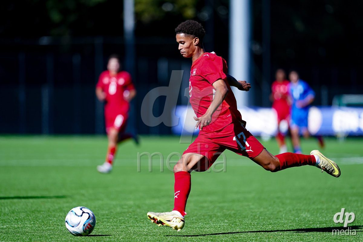 SCHAAN, LIECHTENSTEIN - OCTOBER 12: Kyle Kurt of Switzerland controls the ball during the UEFA European Under-17 Qualifier match between Israel and Switzerland at LFV Campus Rheinwiese on October 12, 2026 in Schaan, Liechtenstein.