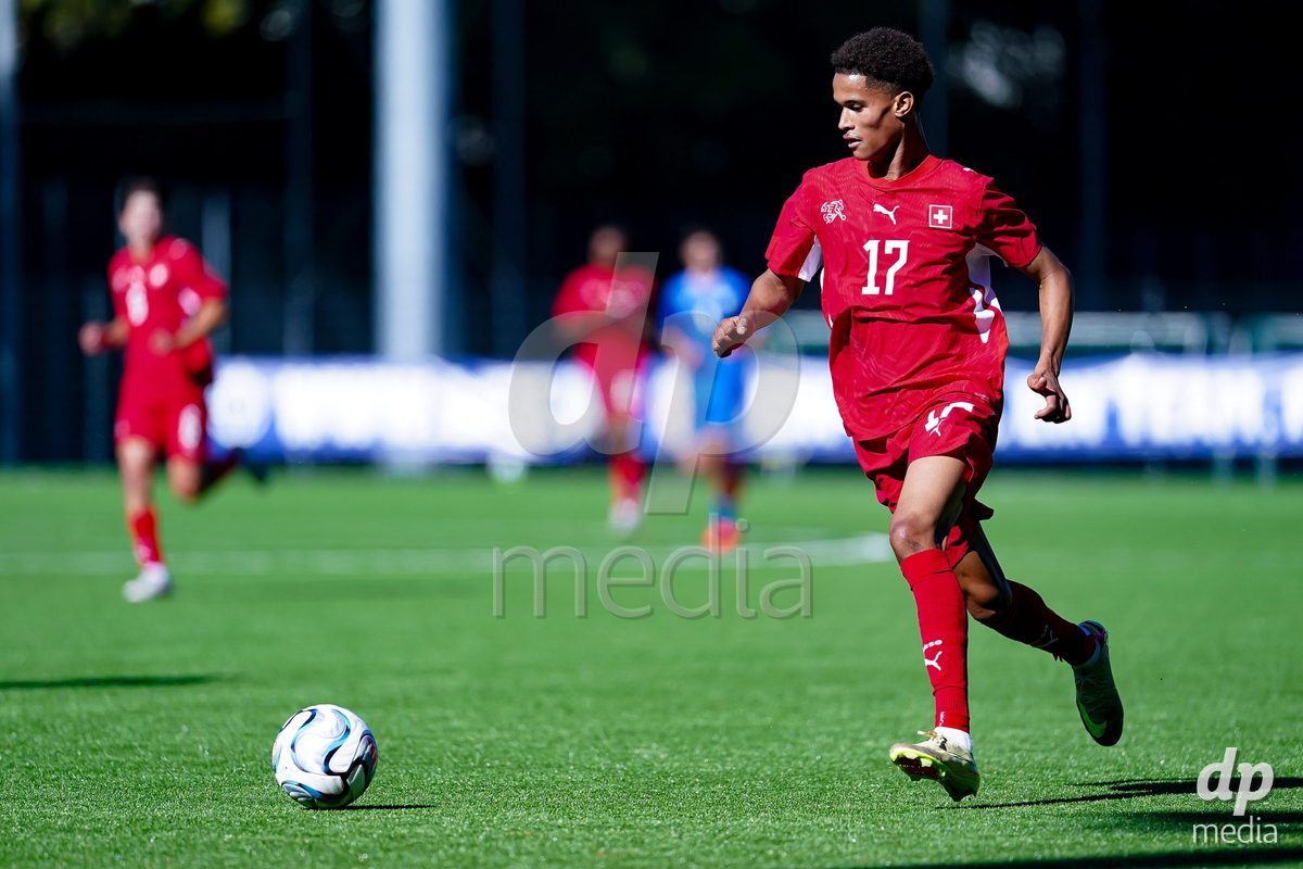 SCHAAN, LIECHTENSTEIN - OCTOBER 12: Kyle Kurt of Switzerland controls the ball during the UEFA European Under-17 Qualifier match between Israel and Switzerland at LFV Campus Rheinwiese on October 12, 2026 in Schaan, Liechtenstein.