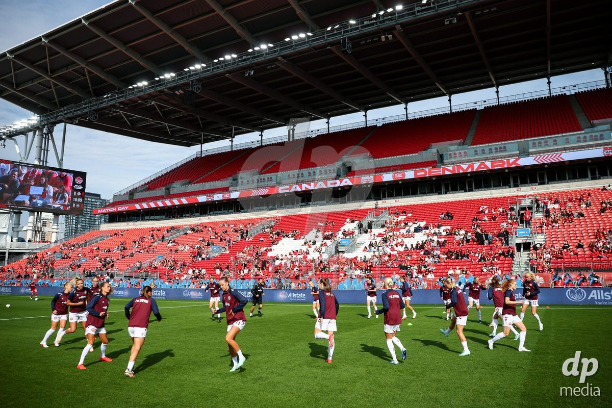 TORONTO, CANADA - OCTOBER 12: Players of Denmark during warm up prior to the International Friendly match between Canada and Denmark at BMO Field on October 12, 2026 in Toronto, Canada.