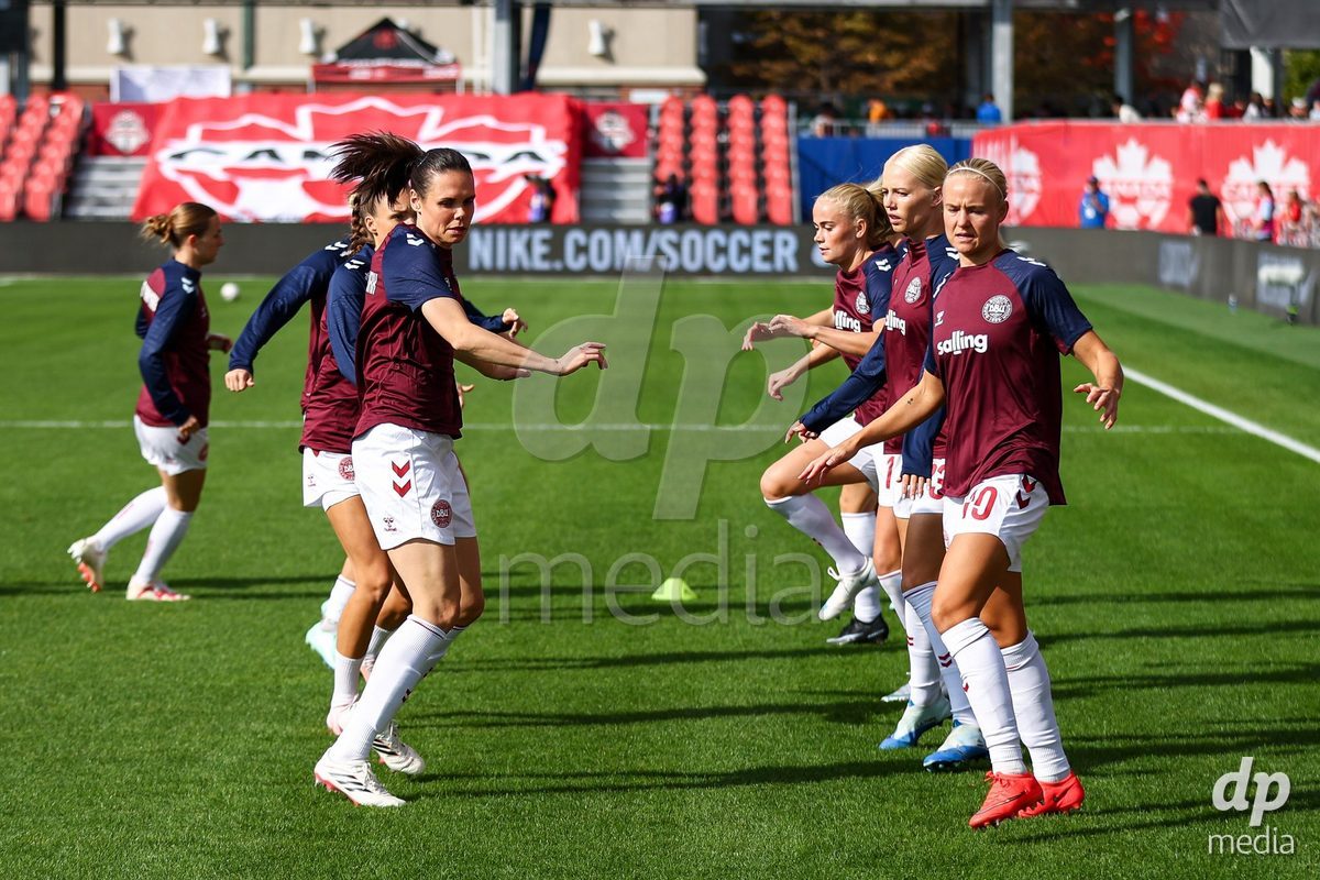 TORONTO, CANADA - OCTOBER 12: Players of Denmark during warm up prior to the International Friendly match between Canada and Denmark at BMO Field on October 12, 2026 in Toronto, Canada.