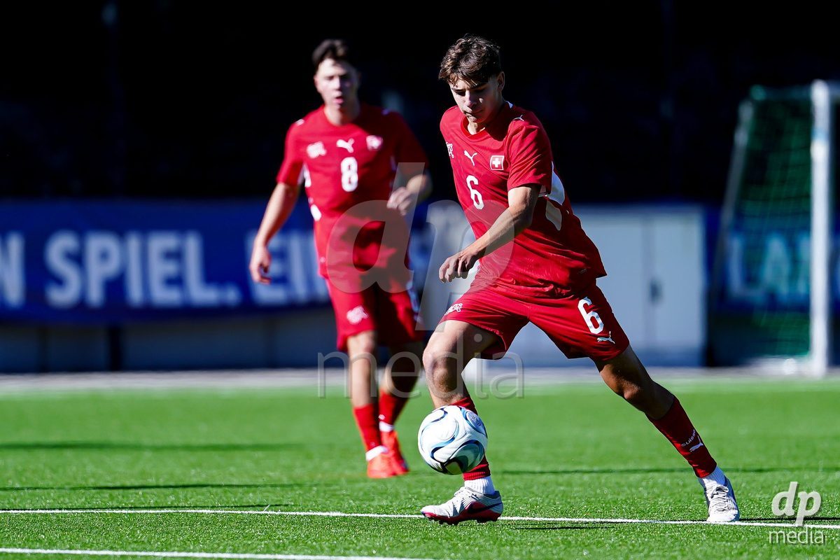 SCHAAN, LIECHTENSTEIN - OCTOBER 12: Niklas Zuger of Switzerland controls the ball during the UEFA European Under-17 Qualifier match between Israel and Switzerland at LFV Campus Rheinwiese on October 12, 2026 in Schaan, Liechtenstein.