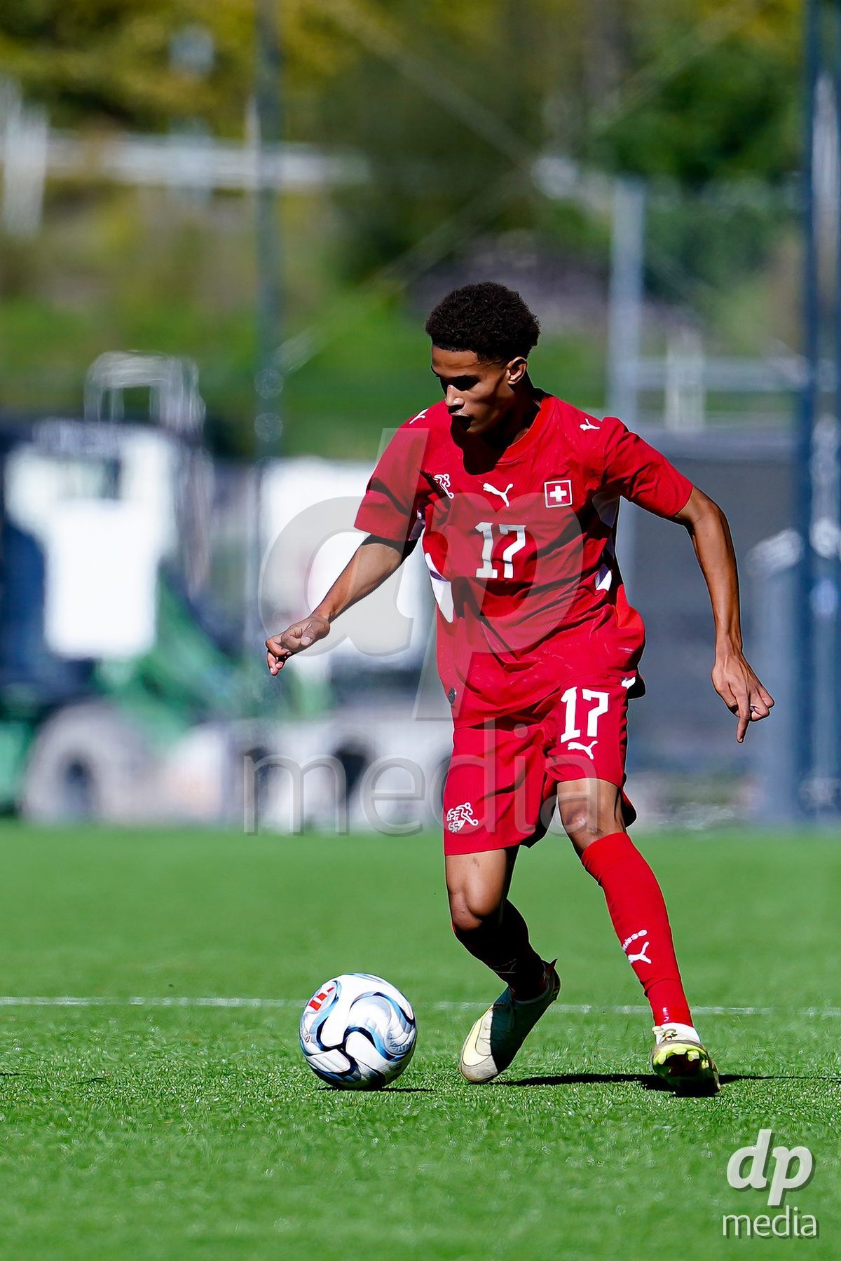 SCHAAN, LIECHTENSTEIN - OCTOBER 12: Kyle Kurt of Switzerland controls the ball during the UEFA European Under-17 Qualifier match between Israel and Switzerland at LFV Campus Rheinwiese on October 12, 2026 in Schaan, Liechtenstein.