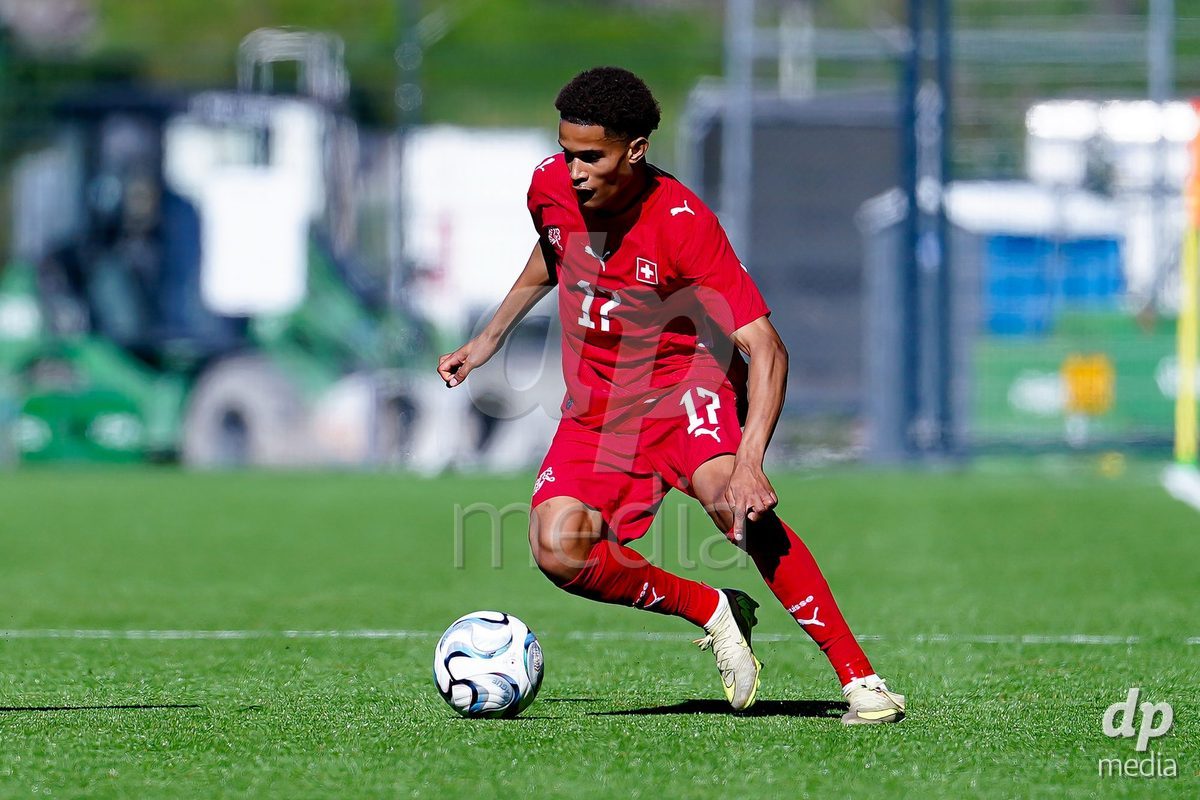 SCHAAN, LIECHTENSTEIN - OCTOBER 12: Kyle Kurt of Switzerland controls the ball during the UEFA European Under-17 Qualifier match between Israel and Switzerland at LFV Campus Rheinwiese on October 12, 2026 in Schaan, Liechtenstein.