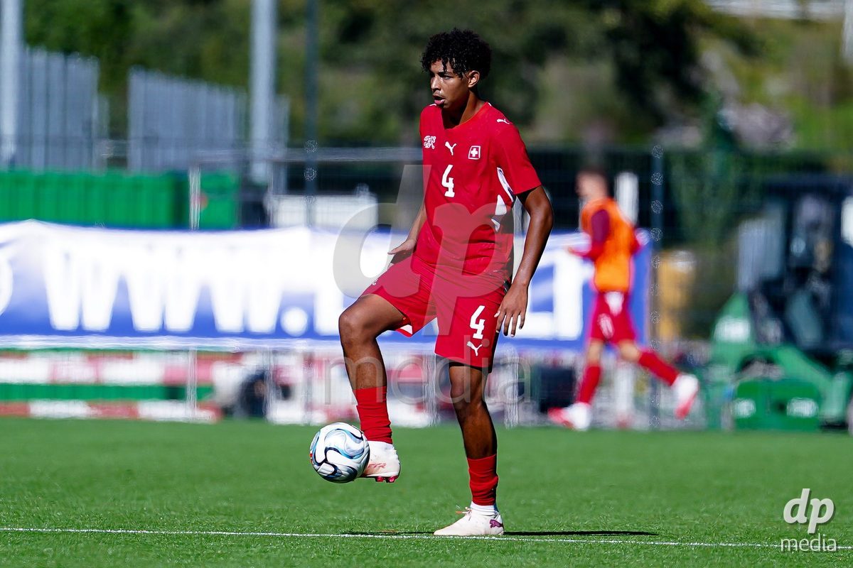 SCHAAN, LIECHTENSTEIN - OCTOBER 12: Ifeanyichukwu Gabriel Onwuzulike of Switzerland controls the ball during the UEFA European Under-17 Qualifier match between Israel and Switzerland at LFV Campus Rheinwiese on October 12, 2026 in Schaan, Liechtenstein.