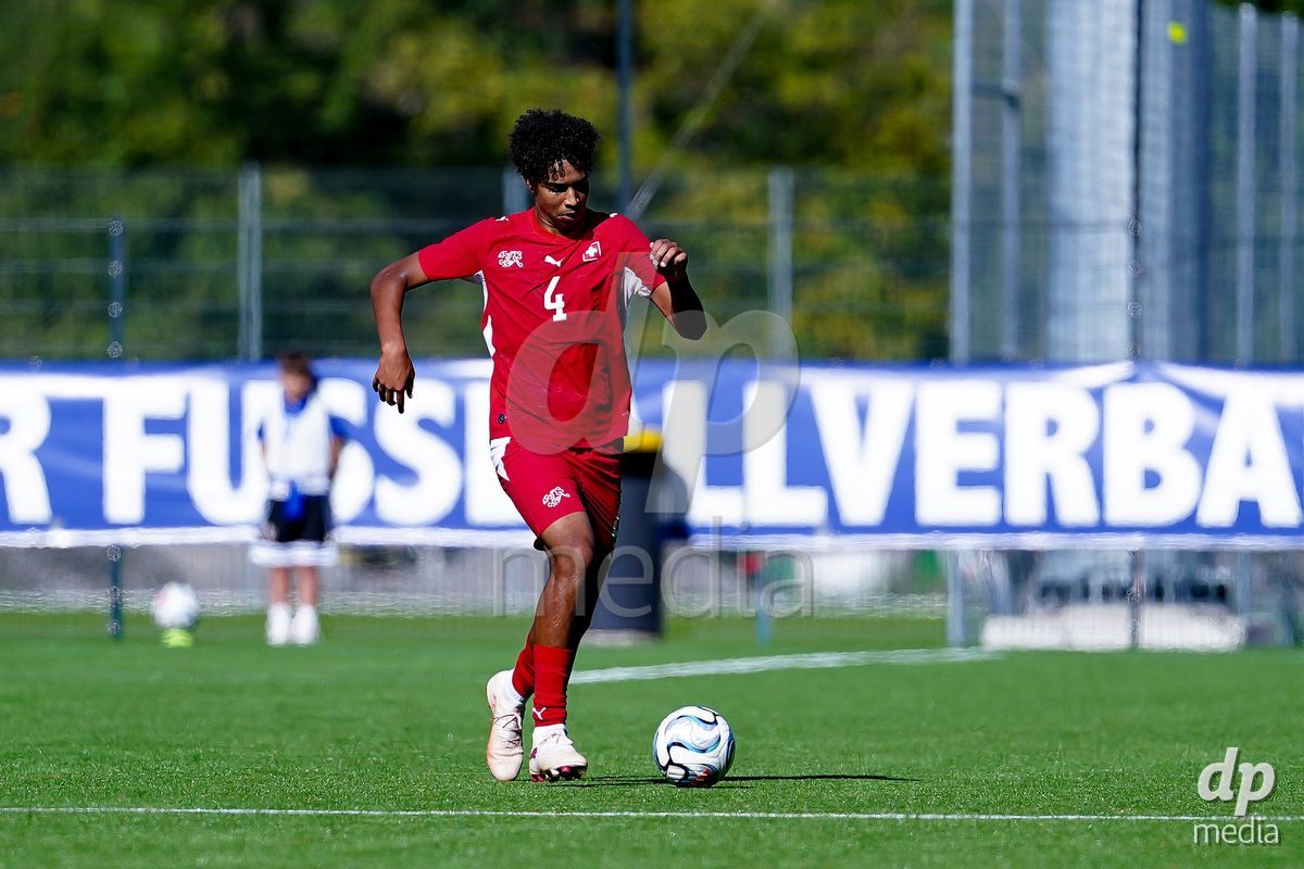 SCHAAN, LIECHTENSTEIN - OCTOBER 12: Ifeanyichukwu Gabriel Onwuzulike of Switzerland controls the ball during the UEFA European Under-17 Qualifier match between Israel and Switzerland at LFV Campus Rheinwiese on October 12, 2026 in Schaan, Liechtenstein.