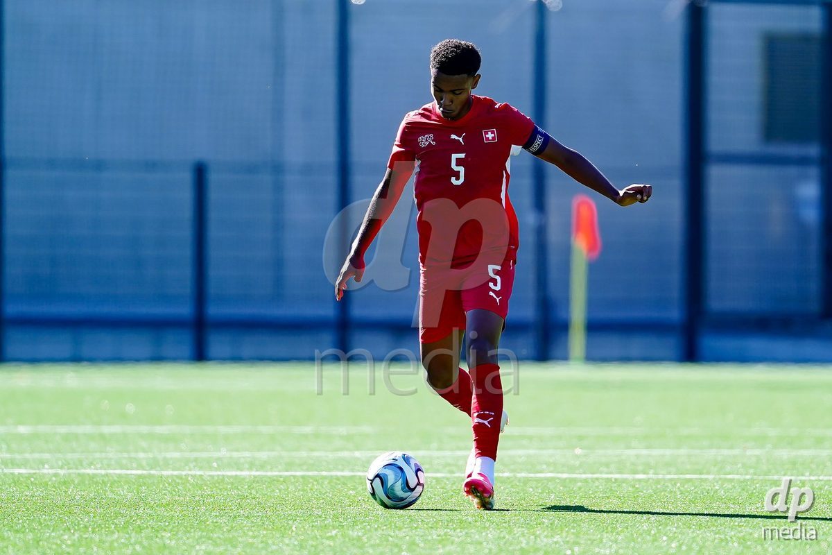 SCHAAN, LIECHTENSTEIN - OCTOBER 12: Noah Kakor of Switzerland controls the ball during the UEFA European Under-17 Qualifier match between Israel and Switzerland at LFV Campus Rheinwiese on October 12, 2026 in Schaan, Liechtenstein.