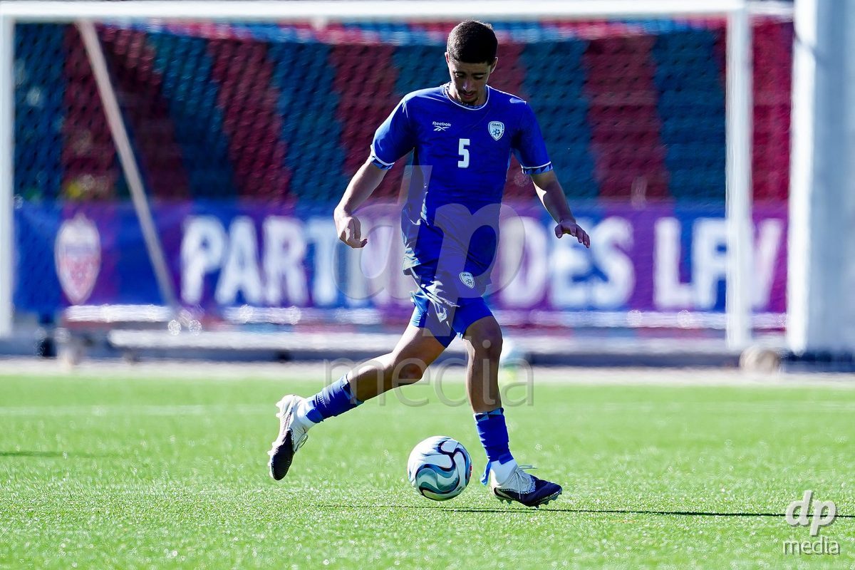 SCHAAN, LIECHTENSTEIN - OCTOBER 12: Eden Yaakov Azoulay of Israel controls the ball during the UEFA European Under-17 Qualifier match between Israel and Switzerland at LFV Campus Rheinwiese on October 12, 2026 in Schaan, Liechtenstein.