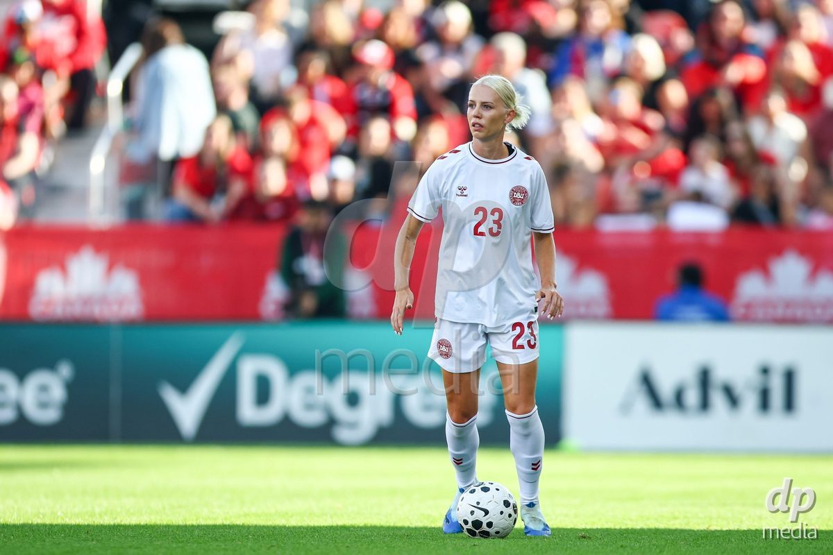 TORONTO, CANADA - OCTOBER 12: Sofie Svava of Denmark controls the ball during the International Friendly match between Canada and Denmark at BMO Field on October 12, 2026 in Toronto, Canada.