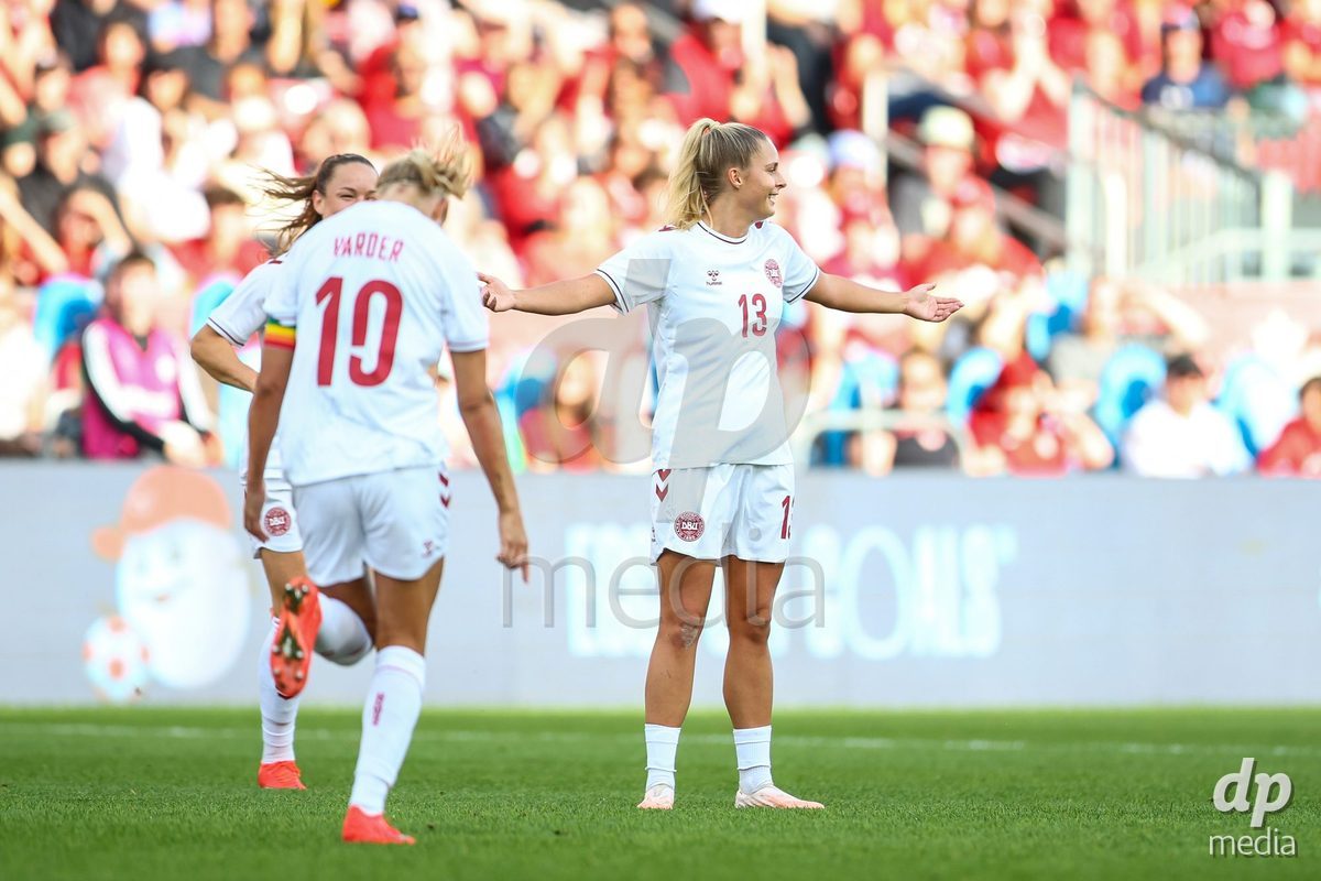 TORONTO, CANADA - OCTOBER 12: Olivia Holdt of Denmark first team goal during the International Friendly match between Canada and Denmark at BMO Field on October 12, 2026 in Toronto, Canada.