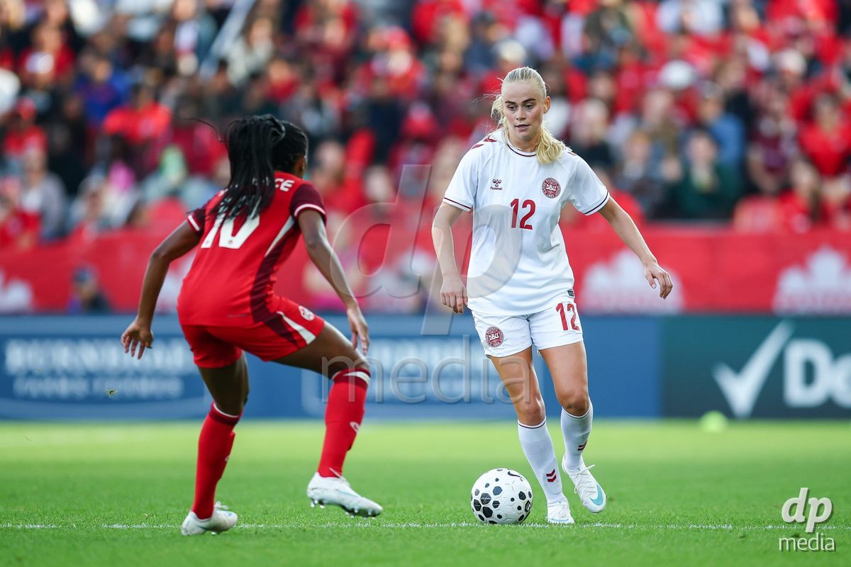 TORONTO, CANADA - OCTOBER 12: Kathrine Kühl of Denmark controls the ball during the International Friendly match between Canada and Denmark at BMO Field on October 12, 2026 in Toronto, Canada.