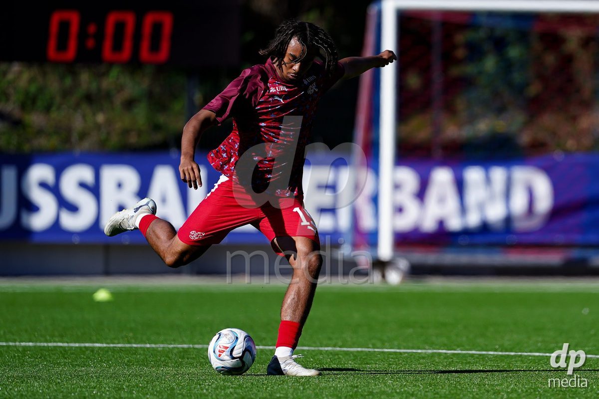 SCHAAN, LIECHTENSTEIN - OCTOBER 12: Players of Switzerland warming up during the UEFA European Under-17 Qualifier match between Israel and Switzerland at LFV Campus Rheinwiese on October 12, 2026 in Schaan, Liechtenstein.