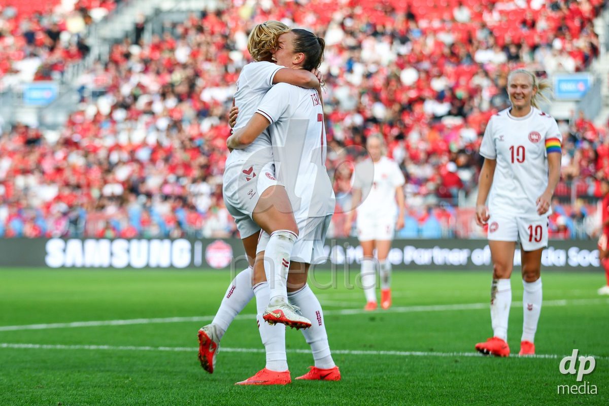 TORONTO, CANADA - OCTOBER 12: Janni Thomsen of Denmark celebrates the fourth team goal during the International Friendly match between Canada and Denmark at BMO Field on October 12, 2026 in Toronto, Canada.