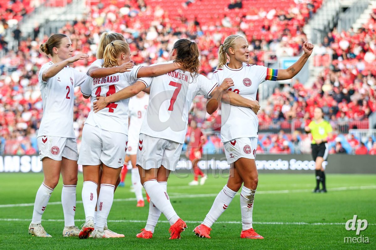 TORONTO, CANADA - OCTOBER 12: Janni Thomsen of Denmark celebrates the fourth team goal during the International Friendly match between Canada and Denmark at BMO Field on October 12, 2026 in Toronto, Canada.