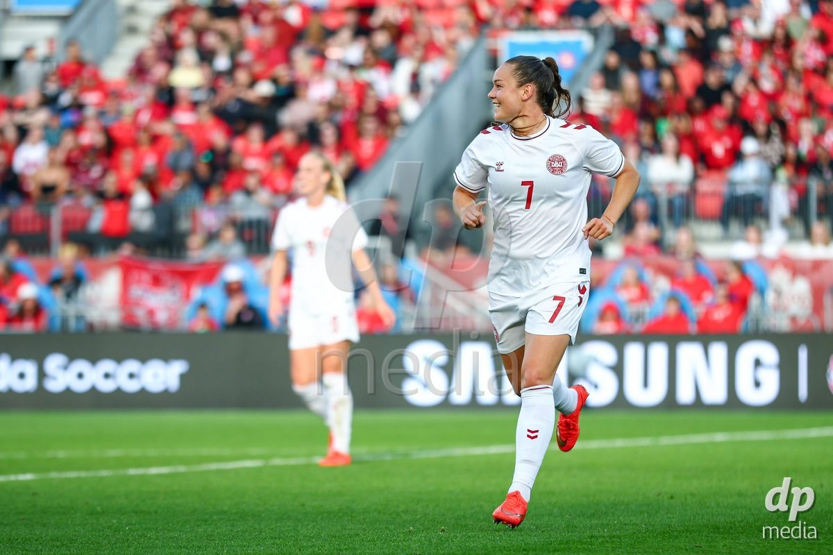 TORONTO, CANADA - OCTOBER 12: Janni Thomsen of Denmark celebrates the fourth team goal during the International Friendly match between Canada and Denmark at BMO Field on October 12, 2026 in Toronto, Canada.