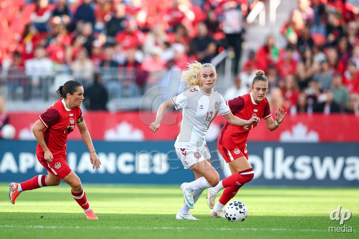 TORONTO, CANADA - OCTOBER 12: Kathrine Kuhl of Denmark controls the ball during the International Friendly match between Canada and Denmark at BMO Field on October 12, 2026 in Toronto, Canada.