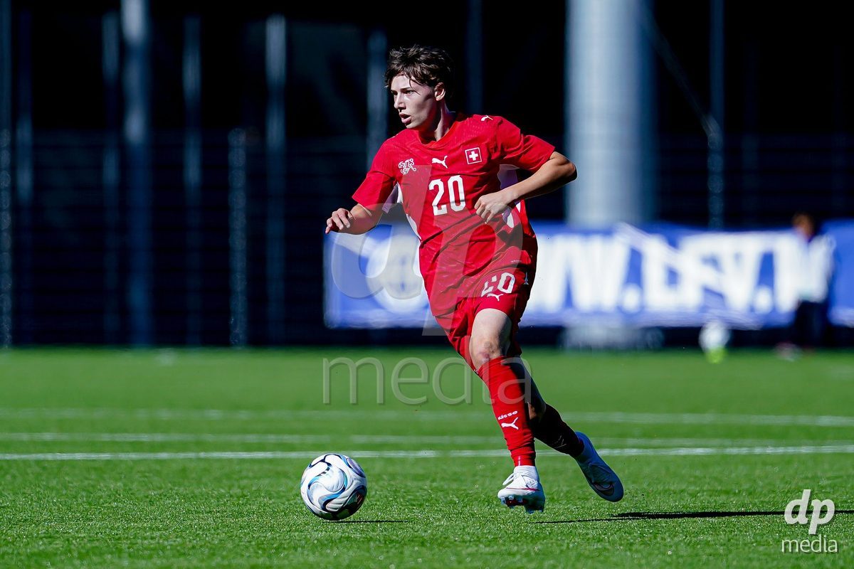 SCHAAN, LIECHTENSTEIN - OCTOBER 12: Loan Thommen of Switzerland controls the ball during the UEFA European Under-17 Qualifier match between Israel and Switzerland at LFV Campus Rheinwiese on October 12, 2026 in Schaan, Liechtenstein.