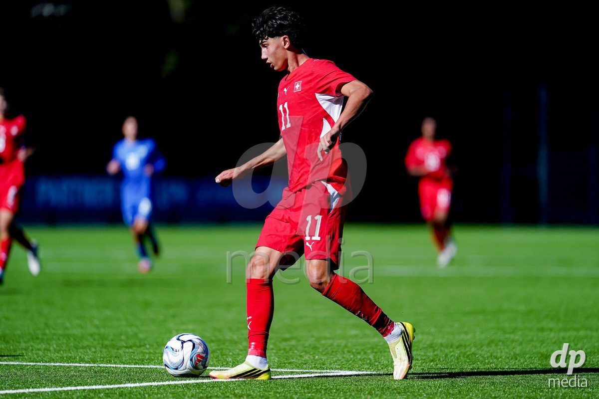 SCHAAN, LIECHTENSTEIN - OCTOBER 12: Kaan Arslan of Switzerland controls the ball during the UEFA European Under-17 Qualifier match between Israel and Switzerland at LFV Campus Rheinwiese on October 12, 2026 in Schaan, Liechtenstein.