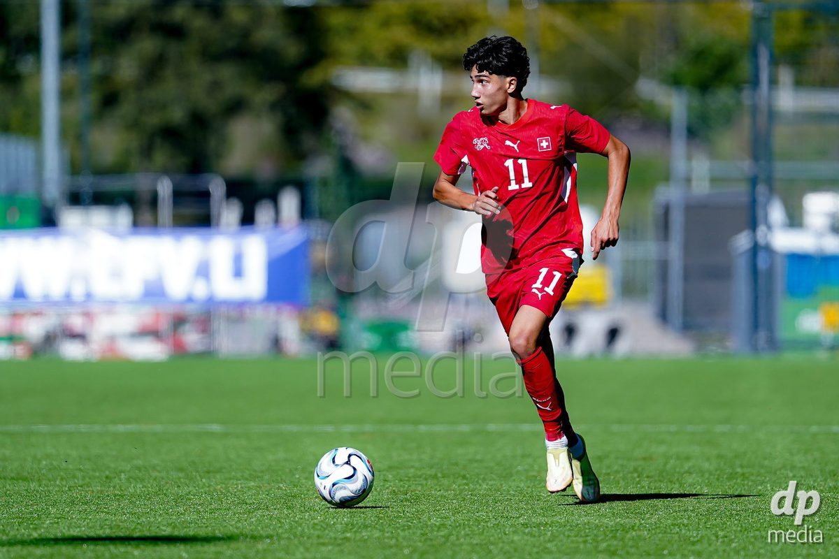 SCHAAN, LIECHTENSTEIN - OCTOBER 12: Kaan Arslan of Switzerland controls the ball during the UEFA European Under-17 Qualifier match between Israel and Switzerland at LFV Campus Rheinwiese on October 12, 2026 in Schaan, Liechtenstein.