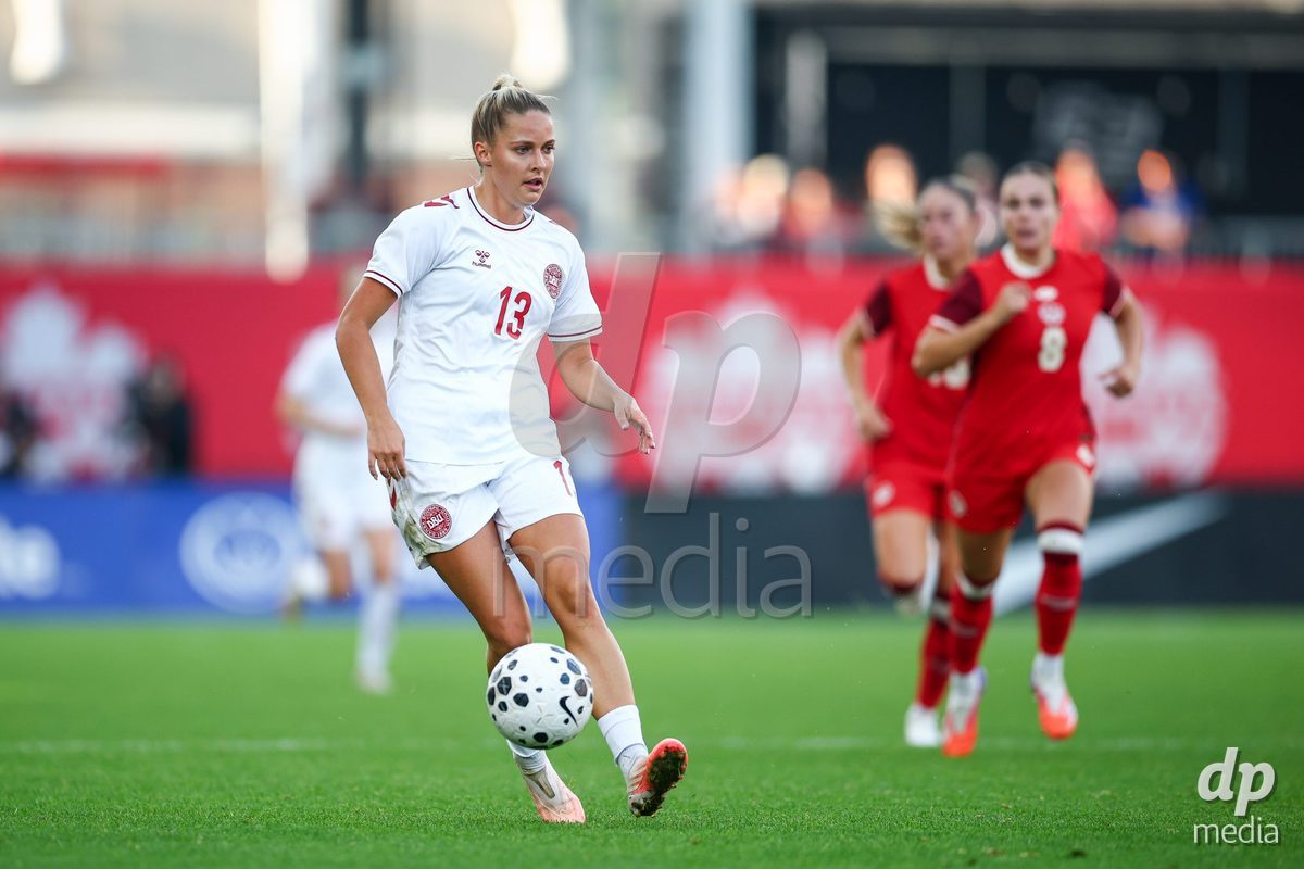 TORONTO, CANADA - OCTOBER 12: Olivia Holdt of Denmark controls the ball during the International Friendly match between Canada and Denmark at BMO Field on October 12, 2026 in Toronto, Canada.