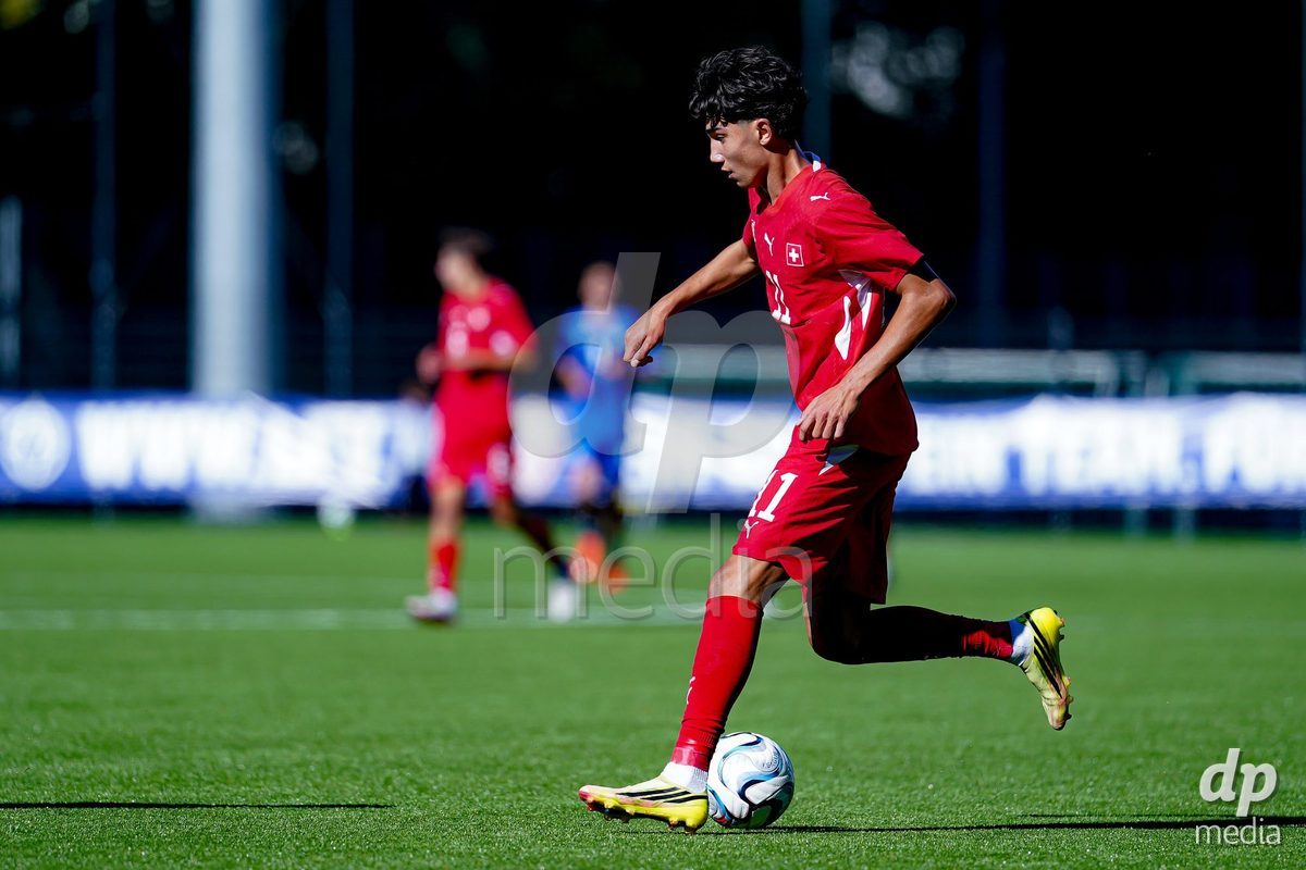 SCHAAN, LIECHTENSTEIN - OCTOBER 12: Kaan Arslan of Switzerland controls the ball during the UEFA European Under-17 Qualifier match between Israel and Switzerland at LFV Campus Rheinwiese on October 12, 2026 in Schaan, Liechtenstein.