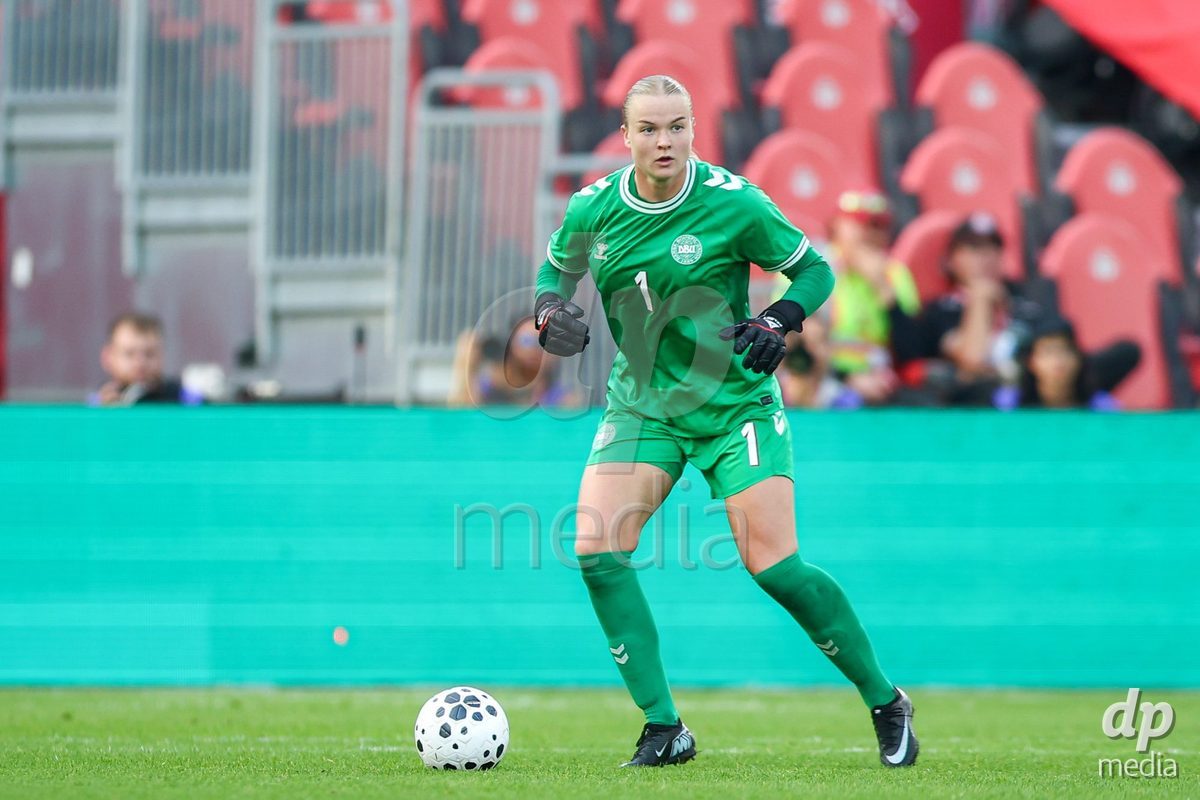 TORONTO, CANADA - OCTOBER 12: Freja Thisgaard of Denmark in action during the International Friendly match between Canada and Denmark at BMO Field on October 12, 2026 in Toronto, Canada.