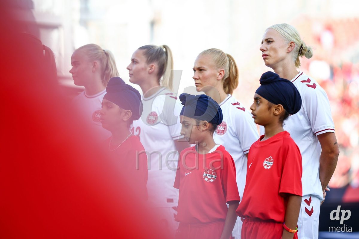 TORONTO, CANADA - OCTOBER 12: Players of Denmark during the national anthem prior to the International Friendly match between Canada and Denmark at BMO Field on October 12, 2026 in Toronto, Canada.