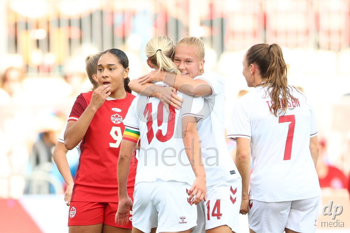 TORONTO, CANADA - OCTOBER 12: Pernille Harder of Denmark and Sofie Bredgaard of Denmark celebrate a goal during the International Friendly match between Canada and Denmark at BMO Field on October 12, 2026 in Toronto, Canada.