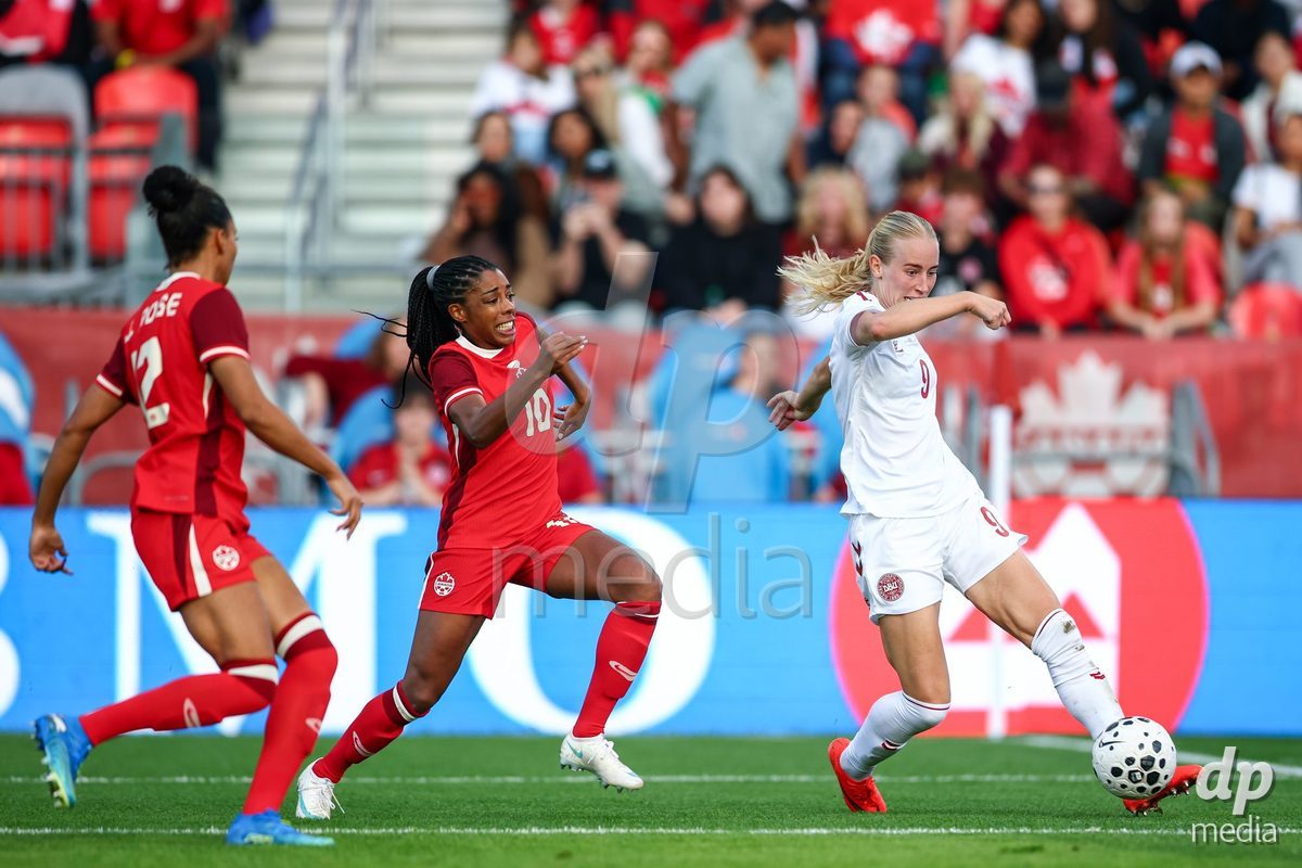 TORONTO, CANADA - OCTOBER 12: Amalie Vangsgaard of Denmark shoots the ball during the International Friendly match between Canada and Denmark at BMO Field on October 12, 2026 in Toronto, Canada.