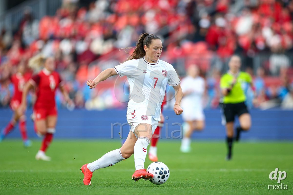 TORONTO, CANADA - OCTOBER 12: Janni Thomsen of Denmark controls the ball during the International Friendly match between Canada and Denmark at BMO Field on October 12, 2026 in Toronto, Canada.