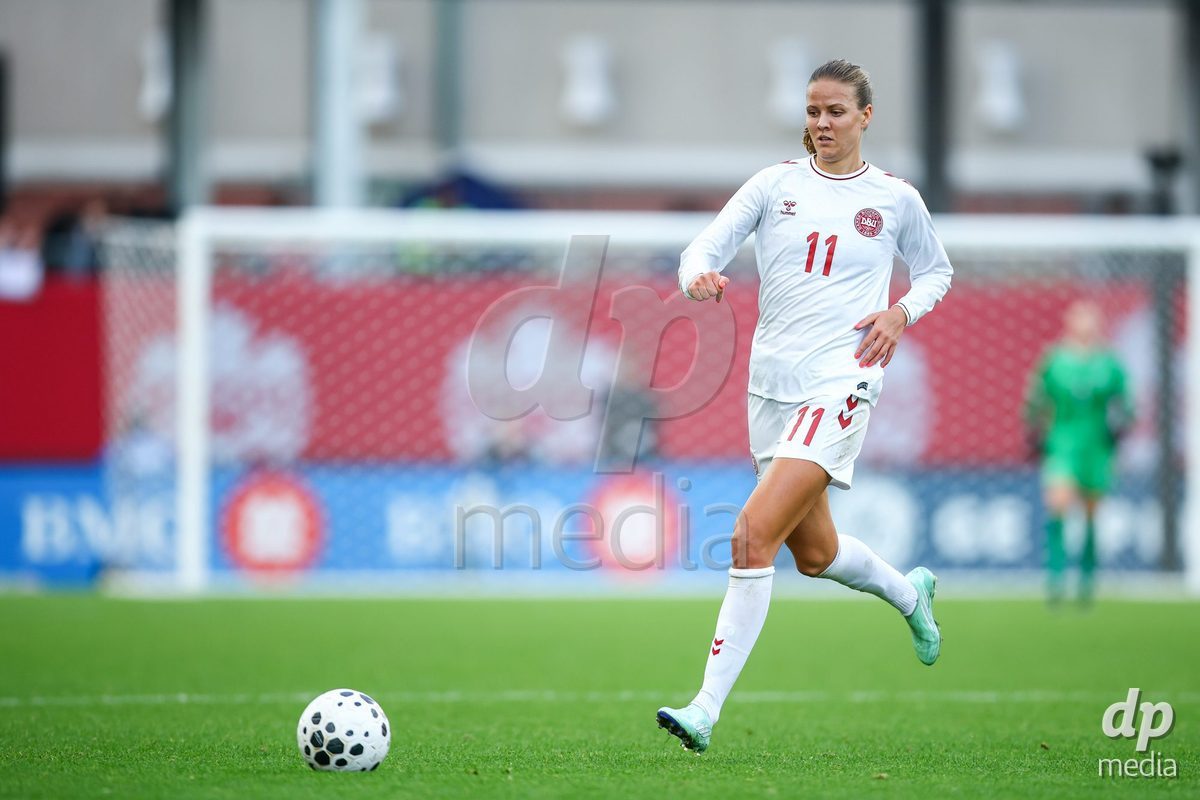 TORONTO, CANADA - OCTOBER 12: Caroline Møller of Denmark controls the ball during the International Friendly match between Canada and Denmark at BMO Field on October 12, 2026 in Toronto, Canada.