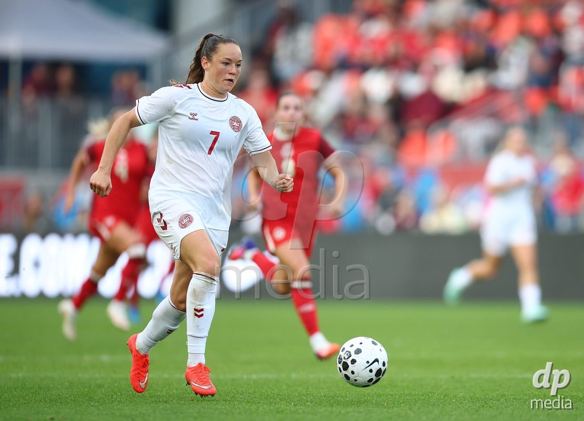 TORONTO, CANADA - OCTOBER 12: Janni Thomsen of Denmark dribbles the ball during the International Friendly match against Canada at BMO Field on October 12, 2026 in Toronto, Canada.