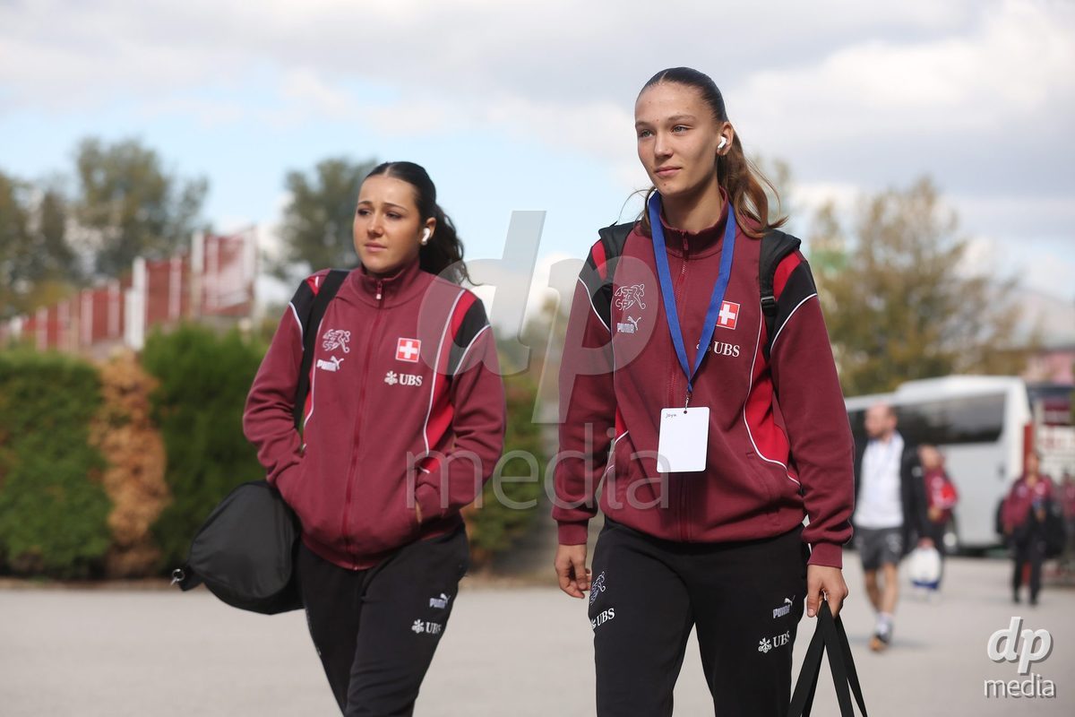 KAKANJ, BOSNIA AND HERZEGOVINA - OCTOBER 13: Laura Kott Luzon and Joya Kamber of Switzerland arrives at the stadium before the UEFA Womens European Under-19 Qualifier match between Denmark and Switzerland at Mladost Stadium on October 13, 2026 in Kakanj, Bosnia and Herzegovina. Photo: Armin Durgut/Pixsell/DP Media