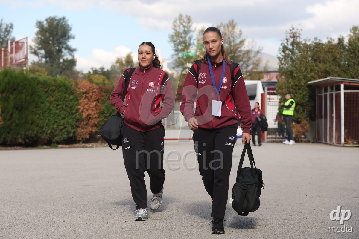 KAKANJ, BOSNIA AND HERZEGOVINA - OCTOBER 13: Laura Kott Luzon and Joya Kamber of Switzerland arrives at the stadium before the UEFA Womens European Under-19 Qualifier match between Denmark and Switzerland at Mladost Stadium on October 13, 2026 in Kakanj, Bosnia and Herzegovina. Photo: Armin Durgut/Pixsell/DP Media