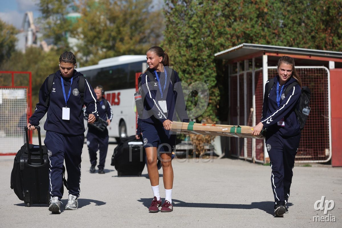 KAKANJ, BOSNIA AND HERZEGOVINA - OCTOBER 13: Thea Petersen of Denmark, Josephine Behrmann Lamp of Denmark and Nicoline Jorgensen Klintskov of Denmark arrives at the stadium before the UEFA Womens European Under-19 Qualifier match between Denmark and Switzerland at Mladost Stadium on October 13, 2026 in Kakanj, Bosnia and Herzegovina. Photo: Armin Durgut/Pixsell/DP Media