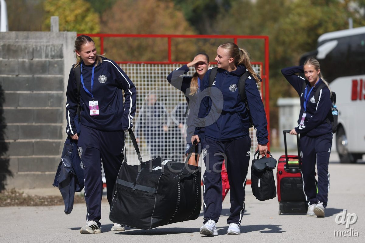 KAKANJ, BOSNIA AND HERZEGOVINA - OCTOBER 13: Andrea Thierry of Denmark and Nikoline Nielsen of Denmark arrives at the stadium before the UEFA Womens European Under-19 Qualifier match between Denmark and Switzerland at Mladost Stadium on October 13, 2026 in Kakanj, Bosnia and Herzegovina. Photo: Armin Durgut/Pixsell/DP Media