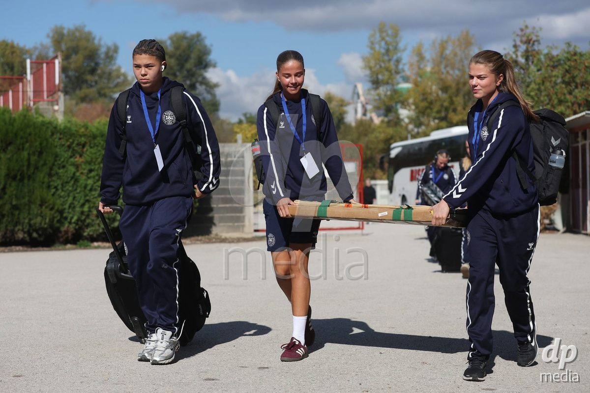 KAKANJ, BOSNIA AND HERZEGOVINA - OCTOBER 13: Thea Petersen of Denmark, Josephine Behrmann Lamp of Denmark and Nicoline Jorgensen Klintskov of Denmark arrives at the stadium before the UEFA Womens European Under-19 Qualifier match between Denmark and Switzerland at Mladost Stadium on October 13, 2026 in Kakanj, Bosnia and Herzegovina. Photo: Armin Durgut/Pixsell/DP Media