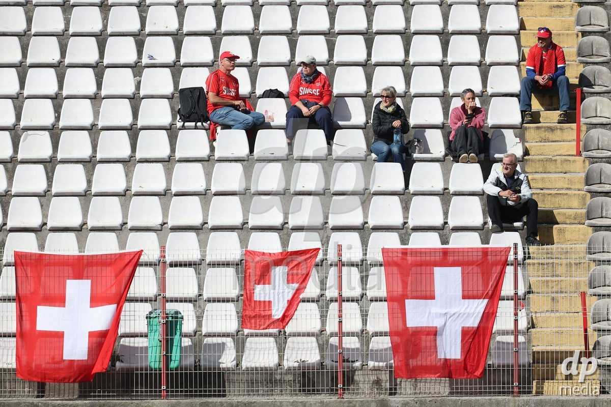 KAKANJ, BOSNIA AND HERZEGOVINA - OCTOBER 13: Fans of Swizerland during the UEFA Womens European Under-19 Qualifier match between Denmark and Switzerland at Mladost Stadium on October 13, 2026 in Kakanj, Bosnia and Herzegovina. Photo: Armin Durgut/Pixsell/DP Media