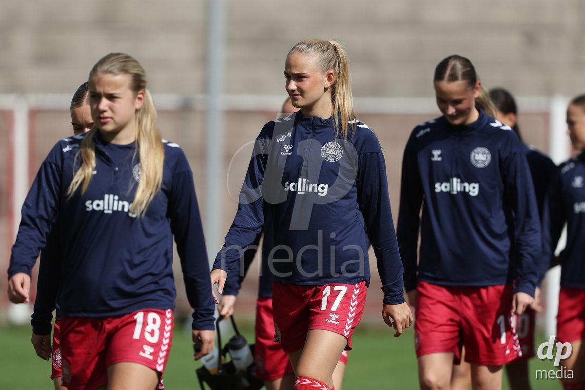 KAKANJ, BOSNIA AND HERZEGOVINA - OCTOBER 13: Mille Kjaergaard of Denmark warms up prior to the UEFA Womens European Under-19 Qualifier match between Denmark and Switzerland at Mladost Stadium on October 13, 2026 in Kakanj, Bosnia and Herzegovina. Photo: Armin Durgut/Pixsell/DP Media