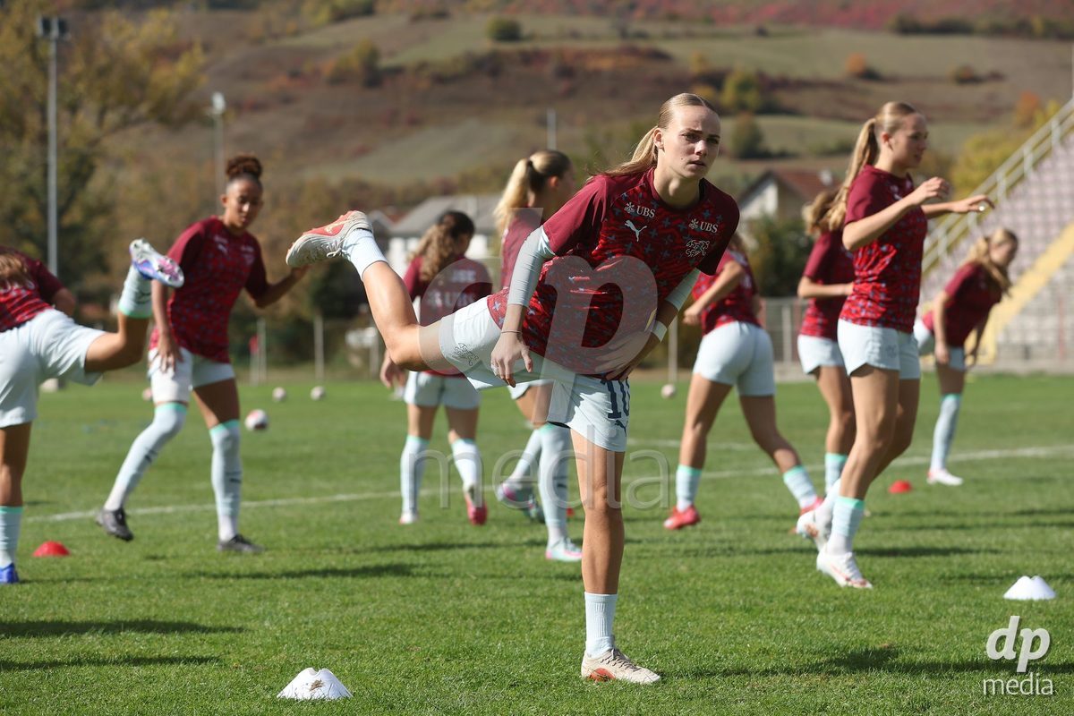 KAKANJ, BOSNIA AND HERZEGOVINA - OCTOBER 13: Giorgia Bianchi of Switzerland warms up prior to the UEFA Womens European Under-19 Qualifier match between Denmark and Switzerland at Mladost Stadium on October 13, 2026 in Kakanj, Bosnia and Herzegovina. Photo: Armin Durgut/Pixsell/DP Media