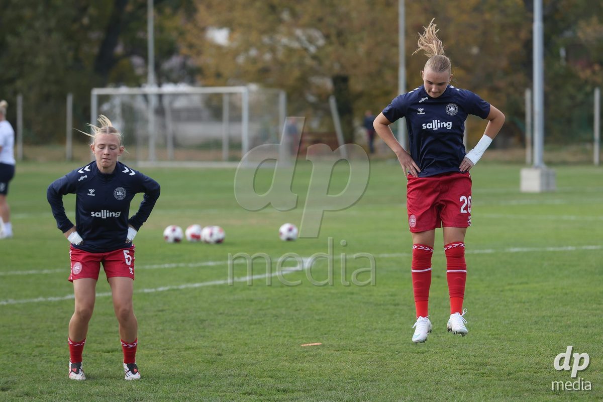 KAKANJ, BOSNIA AND HERZEGOVINA - OCTOBER 13: Astrid Engsig-Karup of Denmark and Nikoline Nielsen of Denmark warms up prior to the UEFA Womens European Under-19 Qualifier match between Denmark and Switzerland at Mladost Stadium on October 13, 2026 in Kakanj, Bosnia and Herzegovina. Photo: Armin Durgut/Pixsell/DP Media