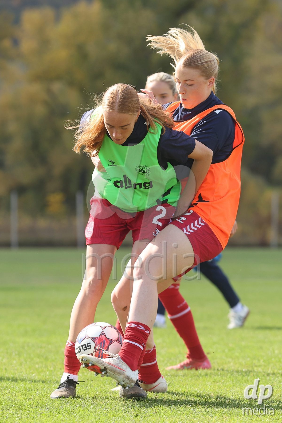 KAKANJ, BOSNIA AND HERZEGOVINA - OCTOBER 13: Andrea Jeppesen of Denmark and Asta Kynde of Denmark warms up prior to the UEFA Womens European Under-19 Qualifier match between Denmark and Switzerland at Mladost Stadium on October 13, 2026 in Kakanj, Bosnia and Herzegovina. Photo: Armin Durgut/Pixsell/DP Media