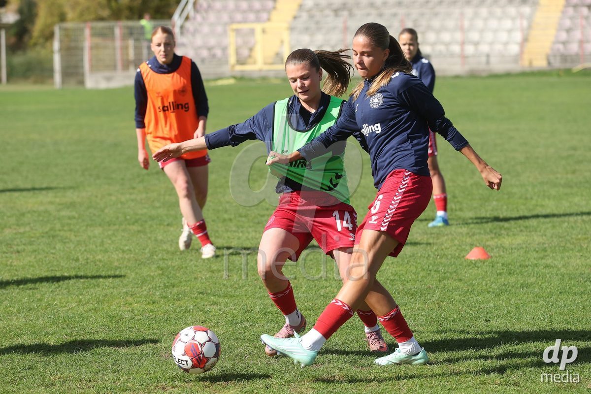KAKANJ, BOSNIA AND HERZEGOVINA - OCTOBER 13: Nicoline Jorgensen Klintskov of Denmark and Josephine Behrmann Lamp of Denmark warms up prior to the UEFA Womens European Under-19 Qualifier match between Denmark and Switzerland at Mladost Stadium on October 13, 2026 in Kakanj, Bosnia and Herzegovina. Photo: Armin Durgut/Pixsell/DP Media