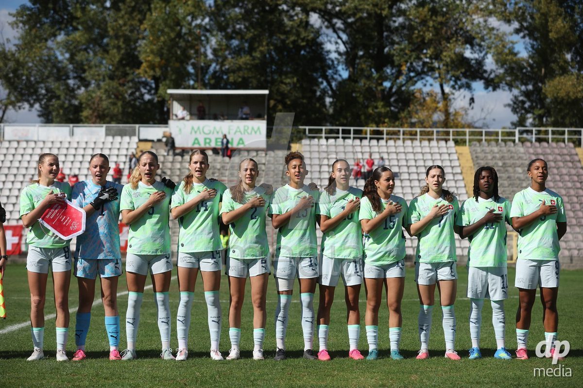 KAKANJ, BOSNIA AND HERZEGOVINA - OCTOBER 13: Players of Switzerland line up for national anthems prior to the UEFA Womens European Under-19 Qualifier match between Denmark and Switzerland at Mladost Stadium on October 13, 2026 in Kakanj, Bosnia and Herzegovina. Photo: Armin Durgut/Pixsell/DP Media