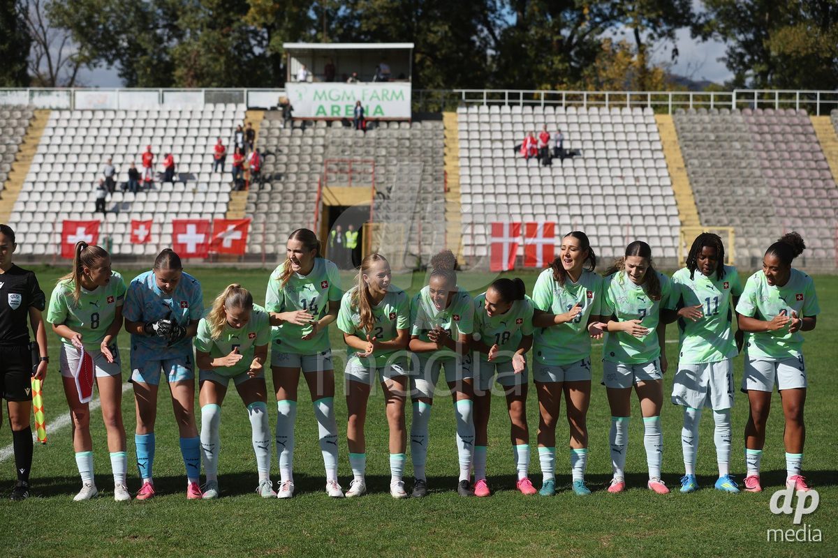 KAKANJ, BOSNIA AND HERZEGOVINA - OCTOBER 13: Players of Switzerland line up for national anthems prior to the UEFA Womens European Under-19 Qualifier match between Denmark and Switzerland at Mladost Stadium on October 13, 2026 in Kakanj, Bosnia and Herzegovina. Photo: Armin Durgut/Pixsell/DP Media