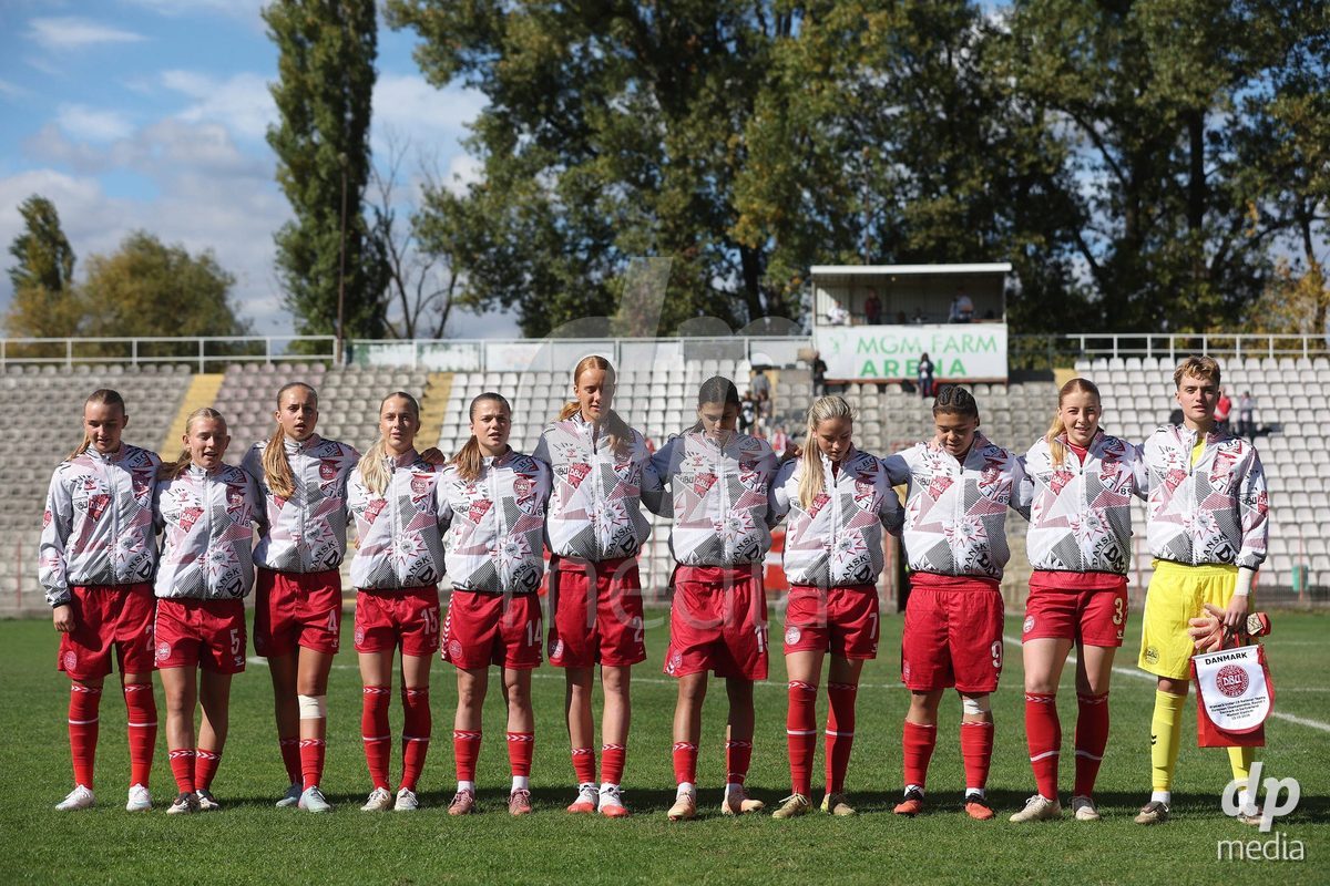 KAKANJ, BOSNIA AND HERZEGOVINA - OCTOBER 13: Players of Denmark line up for national anthems prior to the UEFA Womens European Under-19 Qualifier match between Denmark and Switzerland at Mladost Stadium on October 13, 2026 in Kakanj, Bosnia and Herzegovina. Photo: Armin Durgut/Pixsell/DP Media