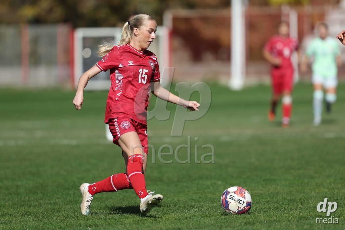 KAKANJ, BOSNIA AND HERZEGOVINA - OCTOBER 13: Frederikke Ludvigsen of Denmark runs with the ball during the UEFA Womens European Under-19 Qualifier match between Denmark and Switzerland at Mladost Stadium on October 13, 2026 in Kakanj, Bosnia and Herzegovina. Photo: Armin Durgut/Pixsell/DP Media
