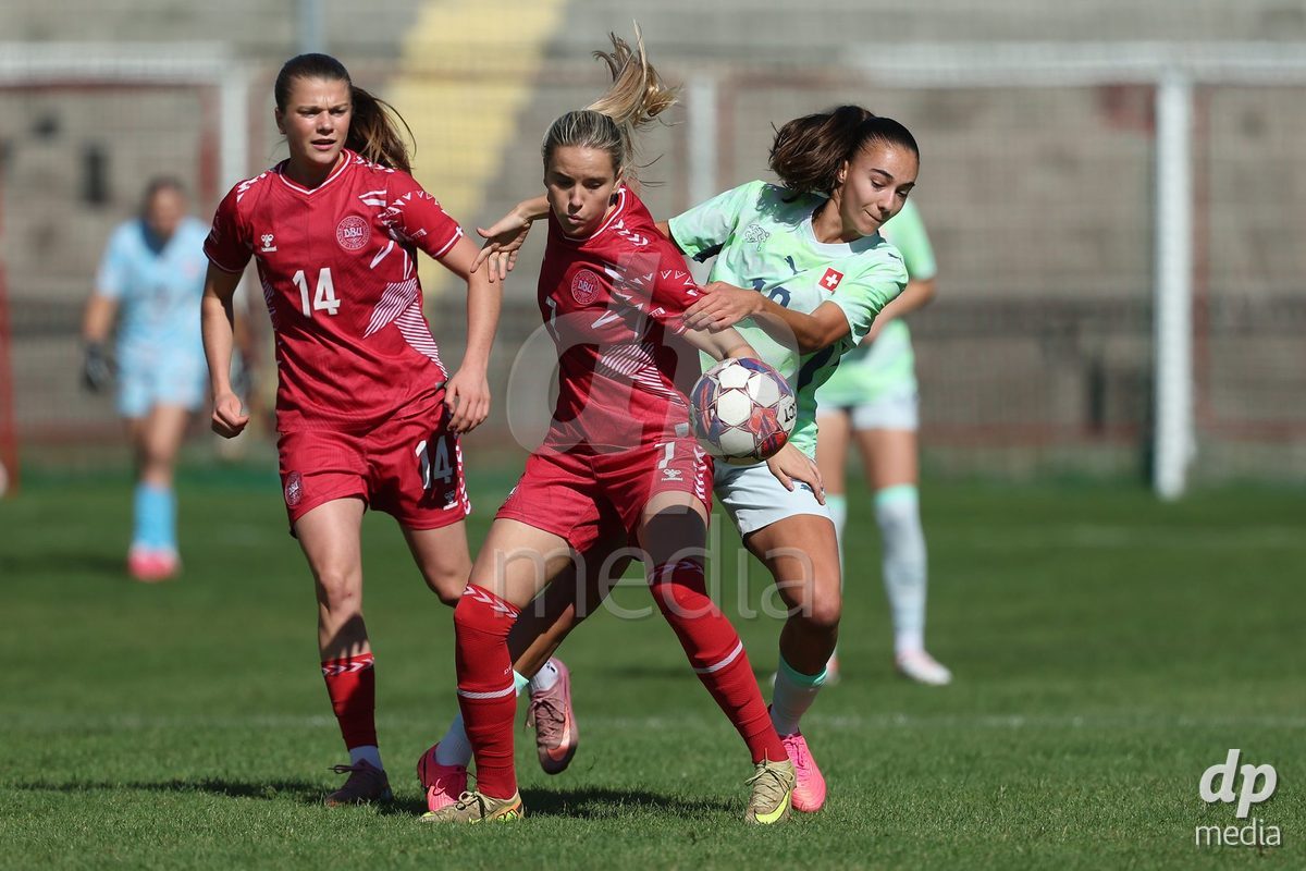 KAKANJ, BOSNIA AND HERZEGOVINA - OCTOBER 13: Nicoline Jorgensen Klintskov of Denmark, Nellie Mulvad Gejel of Denmark and Olivia Edelmann of Switzerland during the UEFA Womens European Under-19 Qualifier match between Denmark and Switzerland at Mladost Stadium on October 13, 2026 in Kakanj, Bosnia and Herzegovina. Photo: Armin Durgut/Pixsell/DP Media