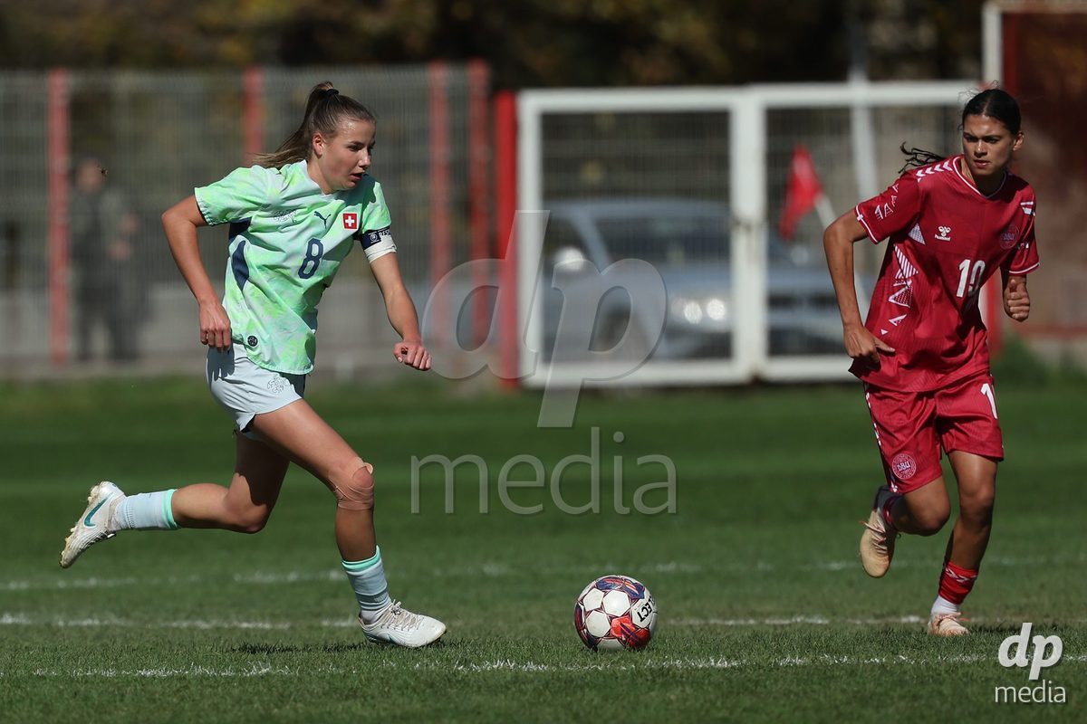 KAKANJ, BOSNIA AND HERZEGOVINA - OCTOBER 13: Giulia Looser of Switzerland and Mila Bischoff of Denmark during the UEFA Womens European Under-19 Qualifier match between Denmark and Switzerland at Mladost Stadium on October 13, 2026 in Kakanj, Bosnia and Herzegovina. Photo: Armin Durgut/Pixsell/DP Media