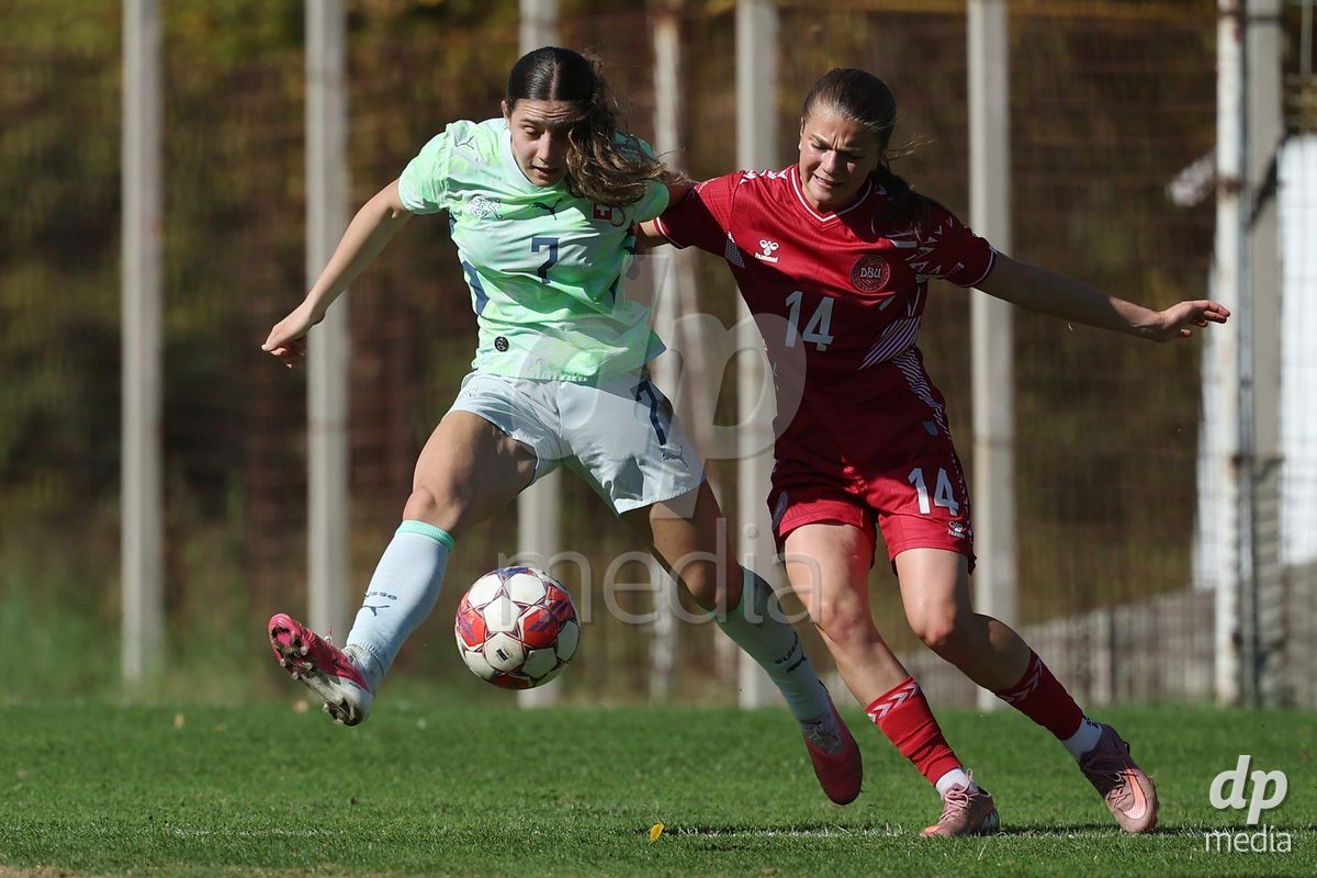 KAKANJ, BOSNIA AND HERZEGOVINA - OCTOBER 13: Ramona Schallberger of Switzerland and Nicoline Jorgensen Klintskov of Denmark during the UEFA Womens European Under-19 Qualifier match between Denmark and Switzerland at Mladost Stadium on October 13, 2026 in Kakanj, Bosnia and Herzegovina. Photo: Armin Durgut/Pixsell/DP Media